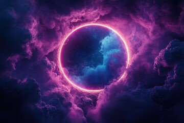Poster - Colorful glowing circle surrounded by vibrant clouds at dusk creates an ethereal atmosphere in the sky