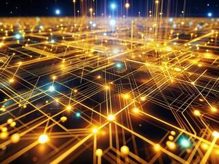 Poster - Golden Abstract Circuitry Network: Panoramic Digital Art