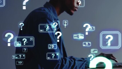 Aufkleber - Computer programmer is typing code on a laptop while question marks and other symbols appear from the computer, suggesting problem solving and decision making