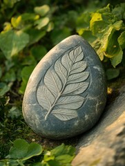 Aufkleber - Large smooth stone featuring a carved leaf pattern nestled among lush greenery in a serene outdoor setting