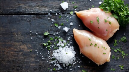 Aufkleber - Raw chicken breast fillets are displayed on a rugged wooden surface with coarse salt and fresh herbs scattered, offering a delightful rustic culinary vibe