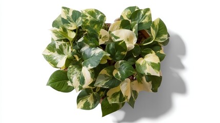 Leinwandbilder - Heart-shaped pothos leaves display beautiful variegation with rich green tones isolated on a white backdrop, emphasizing their unique patterns and shadows