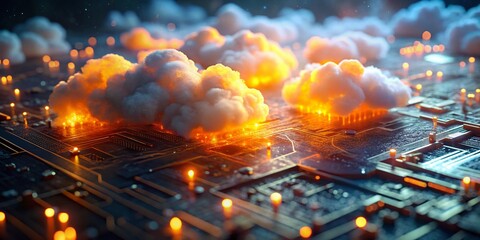 Poster - Glowing Orange Clouds on Futuristic Circuit Board - Digital Cloud Computing Concept