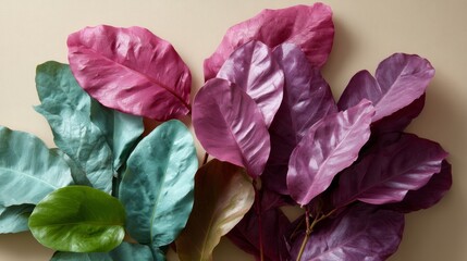 Poster - Colorful tropical leaves in magenta and teal overlap beautifully against a beige background, creating a fresh and inviting visual with space for text