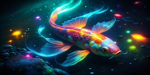 Poster - Glowing Neon Koi Fish Swimming in Illuminated Pond - Night Photography