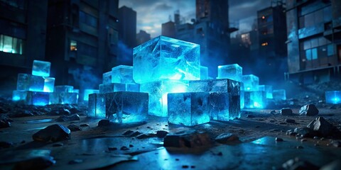 Poster - Glowing Moonlight on Blue Ice Cubes - Urban Exploration Photography Stock Photo