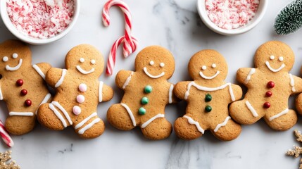 Aufkleber - Cheerful gingerbread men cookies adorned with royal icing smile while holding tiny candy canes, creating a delightful and festive flat lay arrangement