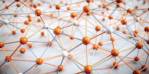 Poster - Global Communication Network: Interconnected Orange & White Nodes on White Background - High-Resolution Stock Photo