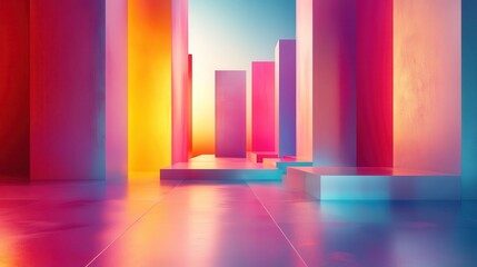 Fototapete - Vibrant geometric cityscape filled with colorful skyscrapers displaying a mix of bright hues and sleek surfaces, capturing a modern artistic interpretation of an urban environment