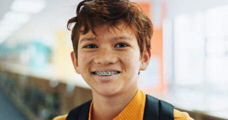 Aufkleber - Portrait, education and boy with braces, student and confidence with smile, knowledge and learning academy. Face, happy kid and childhood with backpack, studying opportunity and campus with pride