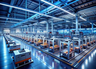 Poster - Futuristic Electric Vehicle Battery Cell Factory: Sleek Machines & Automated Production Line