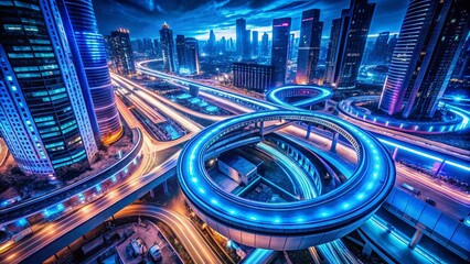 Poster - Futuristic Blue Light Tunnel: Drone Aerial View of Swirling 3D Architecture