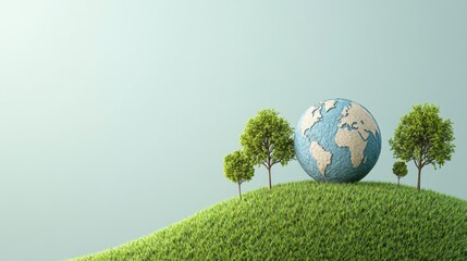Aufkleber - Minimal earth outline surrounded by miniature trees on a green hill presenting a clean, elegant design showcasing environmental themes