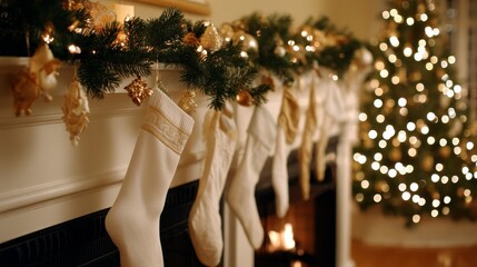 Aufkleber - The fireplace mantel showcases pine garlands and vintage ornaments, while wool stockings hang in anticipation of holiday cheer, with twinkling lights in the background