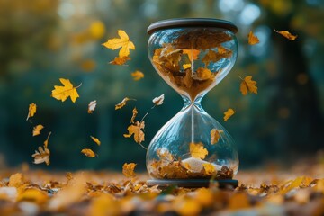 Poster - Hourglass filled with leaves symbolizes the natural passage of time during autumn in a tranquil forest setting