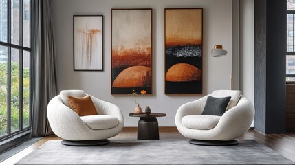 Aufkleber - Stylish modern living room featuring contemporary chairs, a round coffee table, and abstract wall art in warm tones during daylight hours