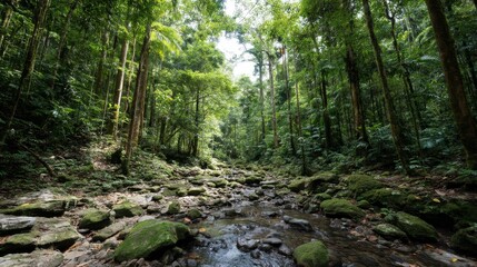 Poster - A serene stream cascades over smooth, mossy stones amid lush rainforest foliage, with sunlight filtering through the vibrant green leaves above