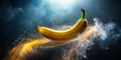 Poster - Flying Ripe Banana with Smoke Bokeh - Dark Background Stock Photo