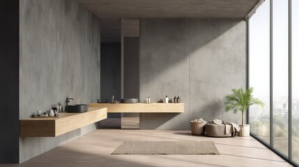 Fototapete - This contemporary bathroom features a floating wood vanity with black fixtures, a large mirror, and sunlight streaming in through a frosted window