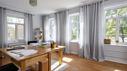 Leinwandbilder - Sunlight streams through sheer curtains, highlighting a wooden desk with organized stationery in a minimalist home office designed for productivity and tranquility