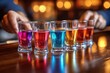 © Margarita - Colorful Shot Glasses on Wooden Table in Lively Bar Scene with Celebration and Friends