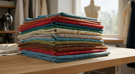 Poster - A neat stack of colorful fabric swatches sits on a wooden surface in a bright room