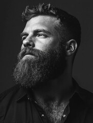Poster - High-contrast black and white portrait of a man with thick beard, showcasing studio lighting in a dramatic setting