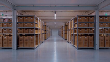 Poster - A long aisle in a brightly lit warehouse is lined with tall metal shelves stacked full of cardboard boxes