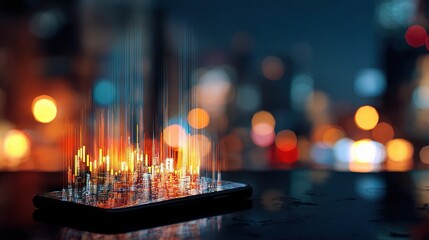 Poster - Holographic Trading Graph Rising from Smartphone in Night Scene