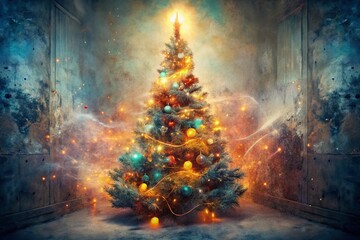 Poster - Festive Christmas Tree Double Exposure: Bright Lights & Interior Wall