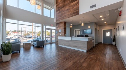 Fototapete - Bright reception area features white walls, light wood accents, and minimal furniture, creating an inviting atmosphere filled with natural light