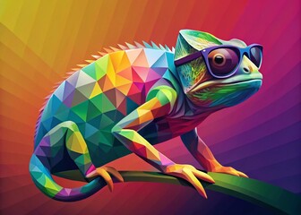 Poster - Facetted Chameleon in Sunglasses: Minimalist Abstract Panorama