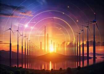 Poster - Enigmatic Sunset Silhouette: Wind Energy & Data Convergence