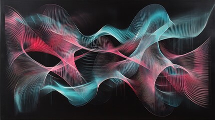 Fototapete - Abstract digital art featuring vibrant pink and turquoise waves on a black background, creating a sense of movement and energy