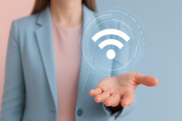 Poster - Businesswoman presenting a holographic wi-fi symbol, highlighting the importance of wireless network access in modern business and communication