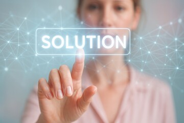Poster - Businesswoman touching a futuristic virtual screen interface choosing the solution among other options, concept of problem solving and decision making