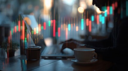 Poster - Professional Man Analyzing Forex Candlestick Graph with Coffee