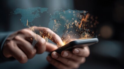 Poster - Man Swiping Phone with Forex Lines and Global Map Conceptual Visualization