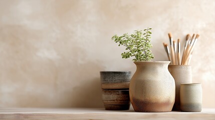 Poster - Elegant Ceramic Vases with Green Plant and Art Supplies on Minimalist Wooden Surface