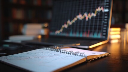 Poster - Double Exposure Financial Graph with Notebook and Laptop Background