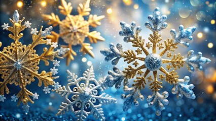 Poster - Elegant Gold & Silver Snowflakes on Blue Background - Festive Holiday Stock Photo