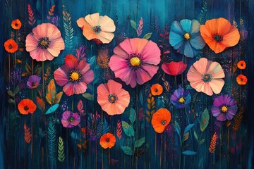 colorful floral arrangement with pink orange and purple flowers on a dark background.
