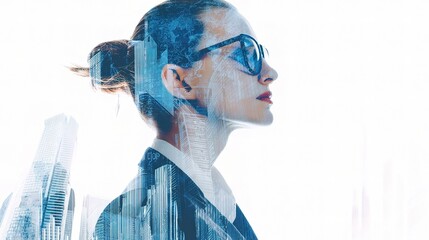 Poster - Businesswoman Portrait with Double Exposure and Digital Effects