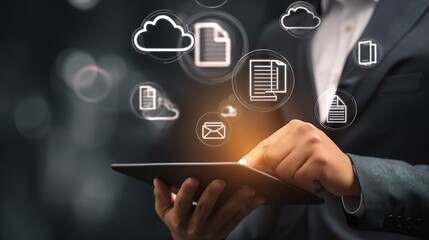 Poster - Businessman Engaging with Cloud Computing Concepts on Tablet Device