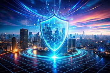 Poster - Drone View: Digital Shield Protecting Futuristic Cityscape - Abstract Technology Security