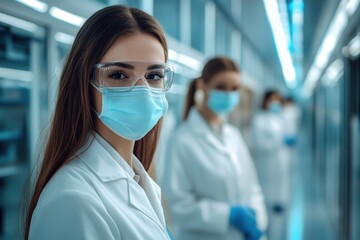 Poster - Young female scientist in lab gear observes colleagues during research