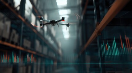 Poster - Drone Flying Above Warehouse Inventory Shelves for Efficient Management