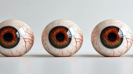 Poster - Three realistic eyeballs with prominent red veins and brown irises are displayed on a clean white surface, creating a striking visual for concepts related to vision, eye health, and medical imagery