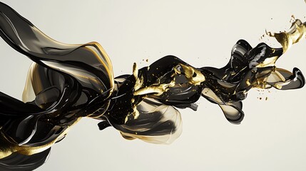 Poster - Abstract composition featuring a flowing stream of black and gold fabric-like elements intertwining with a shimmering effect against a neutral background