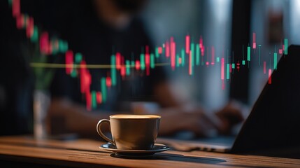 Poster - Professional Working with Forex Candlestick Chart in Cafe Setting